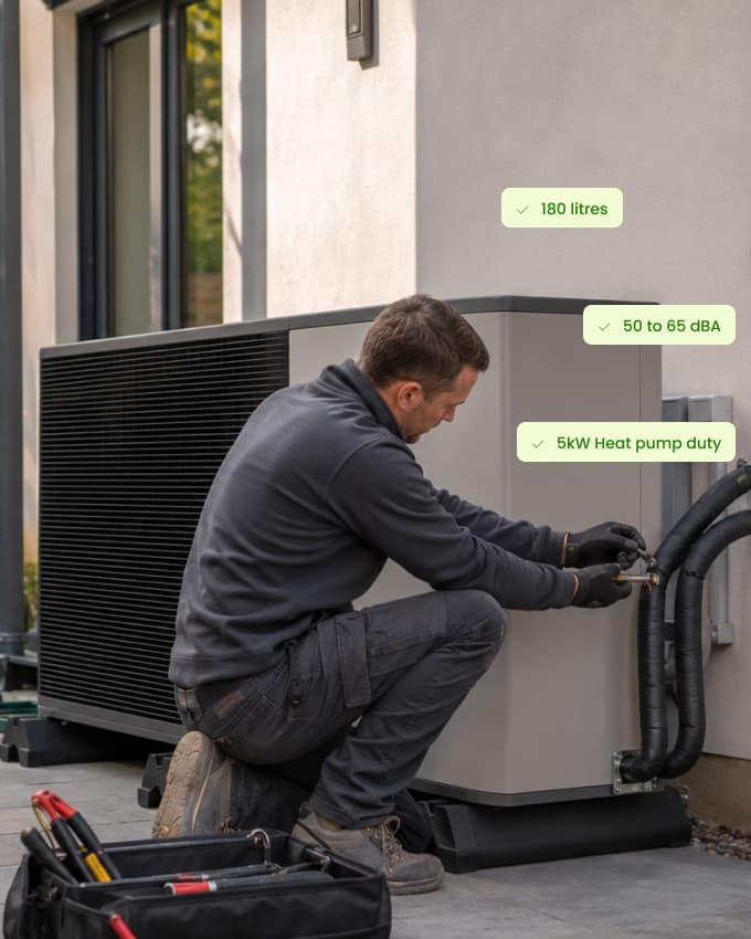 Installer fitting a heat pump outside a property.
